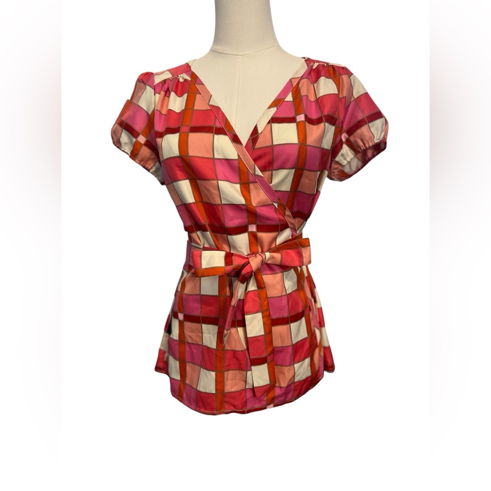 🆕 💖 NWT BANANA REPUBLIC Pink Orange Ivory Checked Wrap Blouse | Women’s Small